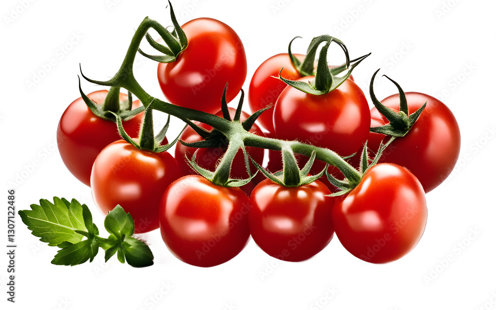Poster A cluster of cherry tomatoes with green stems, isolated on a empty plain background