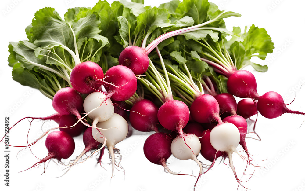 Poster a bunch of radishes with red roots and green tops, isolated on a empty plain background