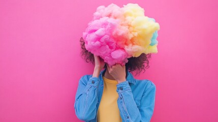 A person with curly hair, obscured by a colorful cloud of cotton candy, against a vibrant pink background.