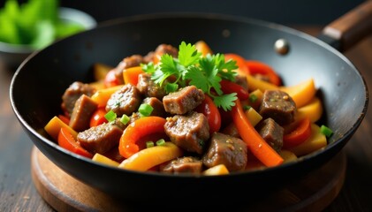 Beef and vibrant vegetables stir-fried in a wok, recipe, red