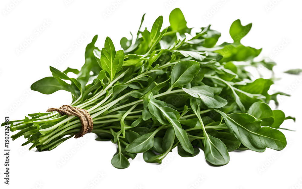 Poster a fresh bunch of arugula leaves with a peppery flavor, isolated on a empty plain background