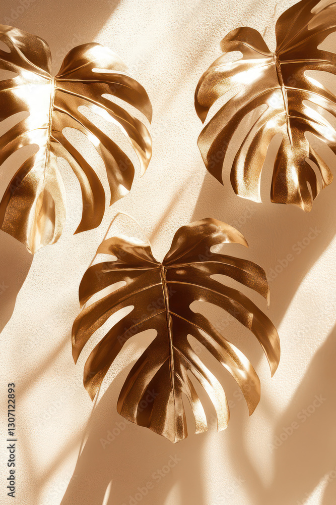 Poster golden monstera leaves create striking visual against light background, casting beautiful shadows. i