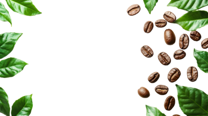 A photograph of coffee beans and leaves against a white background.
