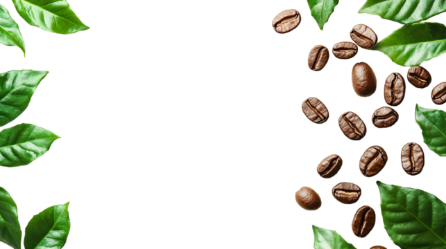 A photograph of coffee beans and leaves against a white background.