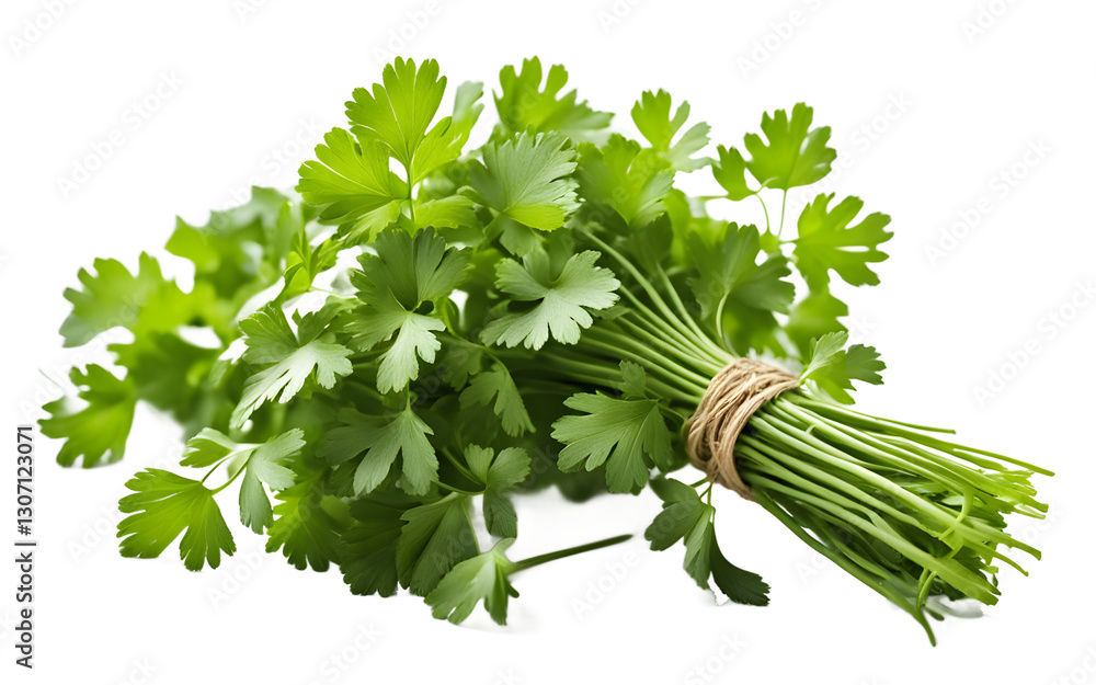 Poster a fresh bunch of cilantro with delicate green leaves, isolated on a empty plain background