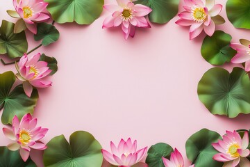 Fototapeta premium Moldura floral com flor de lótus rosa e folhas verdes vibrantes sobre fundo rosa suave, criada com IA generativa para um design delicado e natural