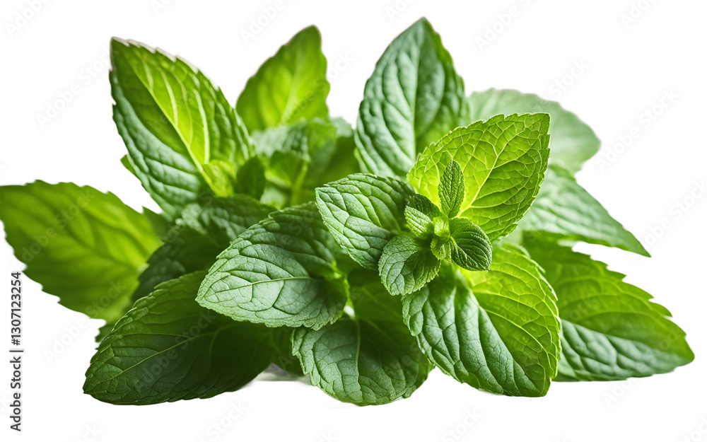 Poster a fresh bunch of mint leaves with a strong green color, isolated on a empty plain background