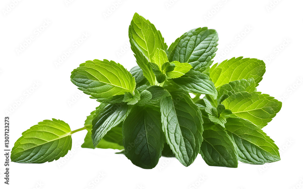 Poster a fresh bunch of mint leaves with a strong green color, isolated on a empty plain background