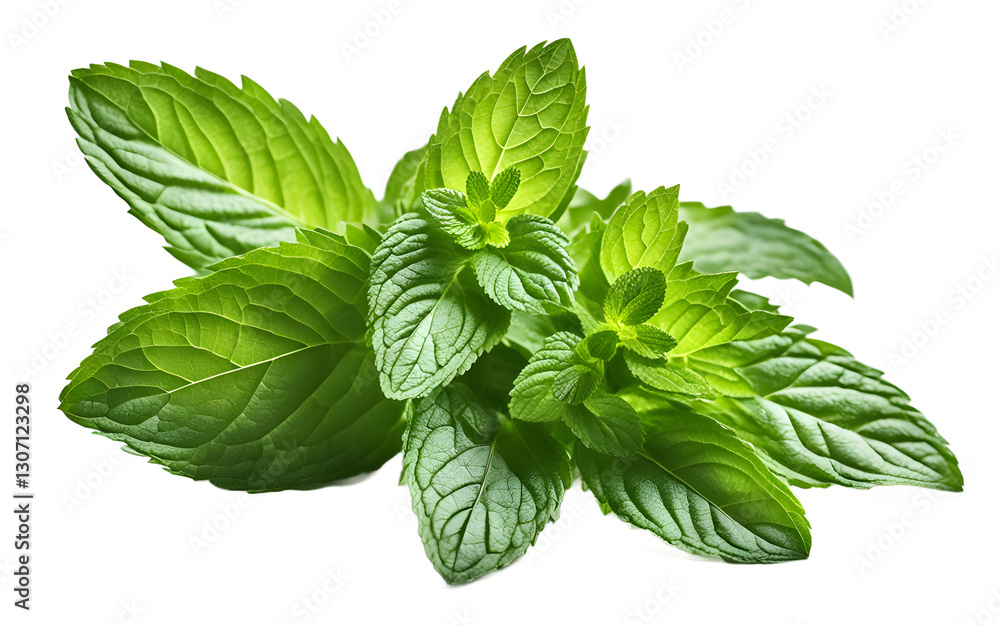Poster a fresh bunch of mint leaves with a strong green color, isolated on a empty plain background