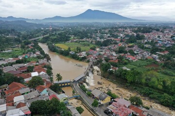 Aerial view of the Katulampa dam in Bogor, Indonesia during flood conditions