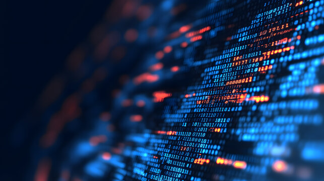 Abstract representation of data flow with vibrant binary code highlights.