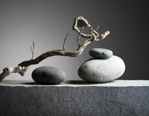 still life stone branch grey background zen