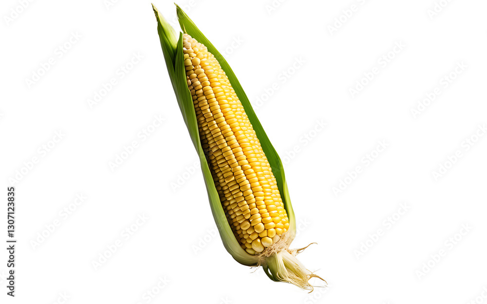 Aufkleber a fresh corn cob with yellow kernels and green husk, isolated on a empty plain background