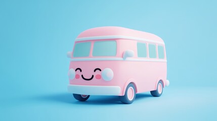 Cute pink cartoon van with happy expression on a light blue background. 3D rendering.