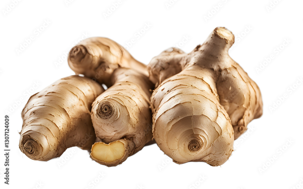 Poster a fresh ginger root with light brown skin, isolated on a empty plain background