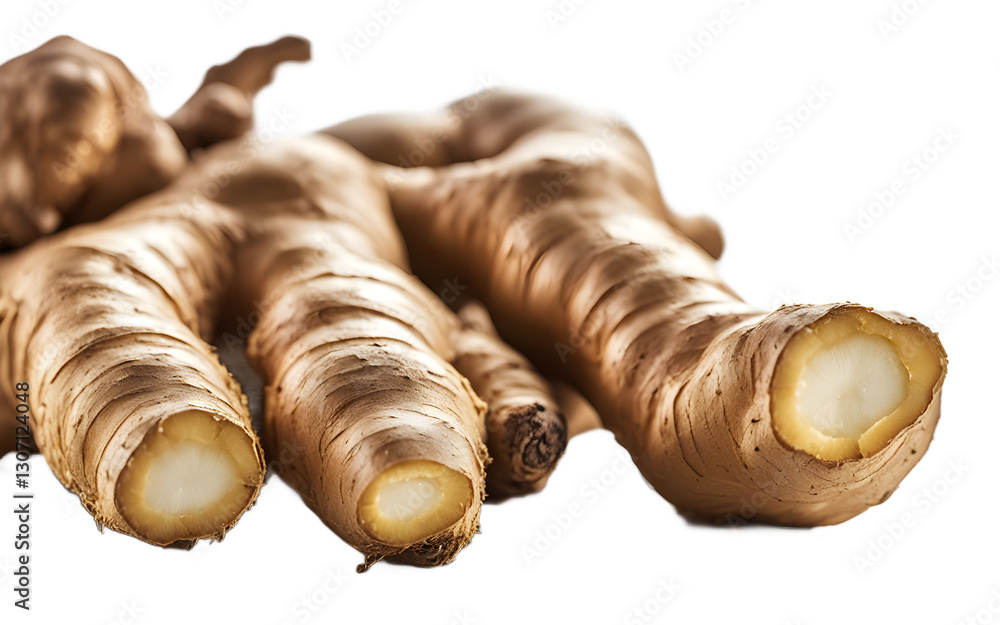 Poster a fresh ginger root with light brown skin, isolated on a empty plain background