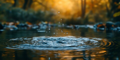 Water Droplet Creating Ripples on Calm Water, Generative AI