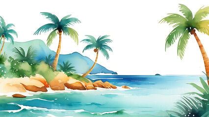 Tropical Beach Watercolor Painting with Palm Trees and Turquoise Water