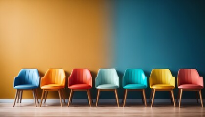 row of colorful chairs with varied textures and styles against a simple wall close up with rich colors and ample space for banner text