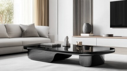 A modern coffee table with a glossy black finish and curved edges, standing out elegantly against a white background.