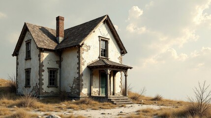 A weathered farmhouse stands solitary on a windswept plain, its aged facade hinting at stories untold and time's relentless passage.