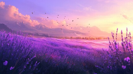 Lavender Sunset Dreamscape: Serene Purple Fields, Majestic Mountains, and a Peaceful Golden Hour