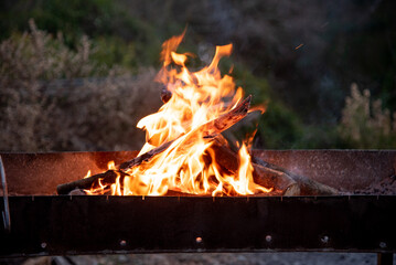 Obraz premium Charcoal and firewood burn in barbecue grill, preparation for cooking meat kebab
