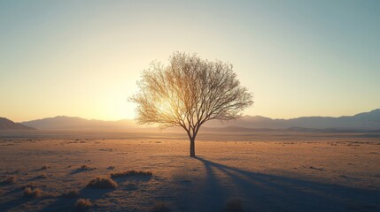 A lone tree standing in the middle of a desert landscape, soft evening light casting long shadows, peaceful and solitary vibe, ultra-realistic, high definition.
