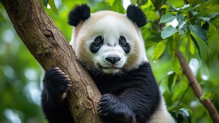 Obraz premium A serene panda rests on a tree branch, tilting its head gently leftward. Its front paws rest quietly as it gazes into the distance