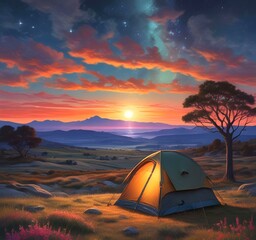 Illustration of camping with tant and wild landcape.