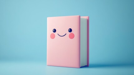 A cheerful pink book with a happy face,  against a light blue background.