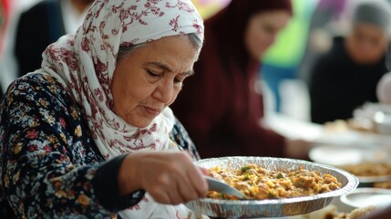 Elderly Woman Serving Traditional Dish at Community Gathering