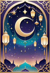 Eid Mubarak Greeting Card, Ramadan Kareem Template, Traditional Islamic and Arabic, using generative ai