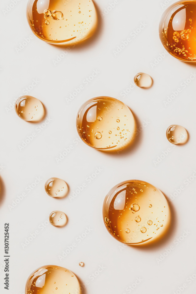 Poster close up of amber liquid droplets on white surface, their round shapes and bubbles. image captures t