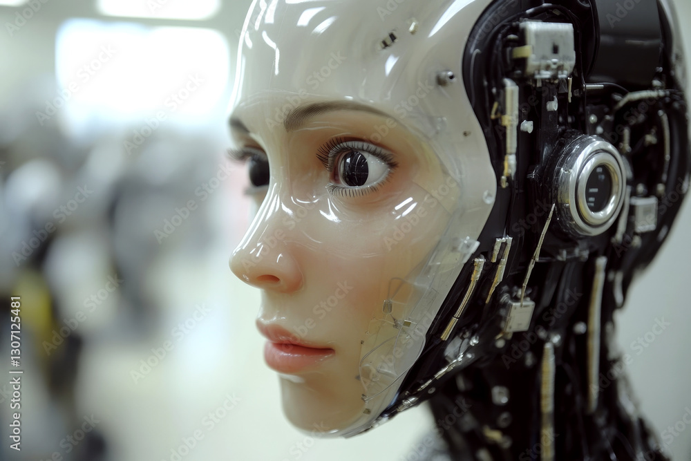 Poster a humanoid robot with a realistic face is shown in close-up indoors. concept of advanced robotics an