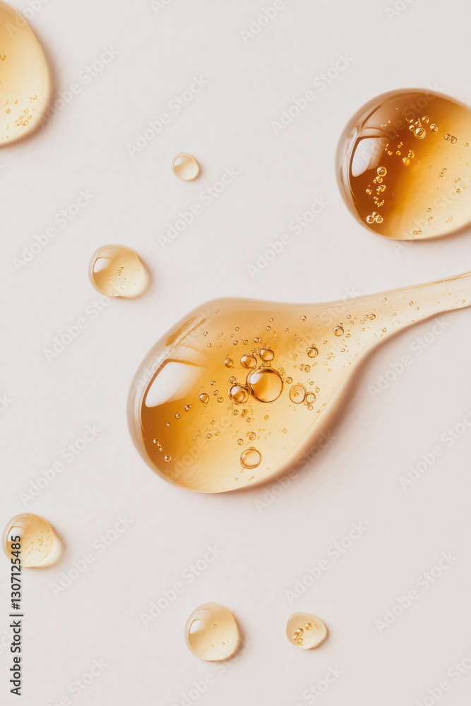 Aufkleber golden liquid droplets with bubbles on light background create visually appealing texture. close up 