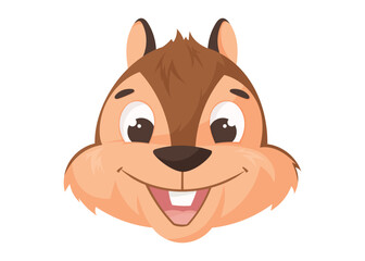 Cute cartoon chipmunk head with big eyes and a happy smile. Adorable woodland animal mascot, perfect for kids' products, games, stickers, and logos. Vector isolated illustration
