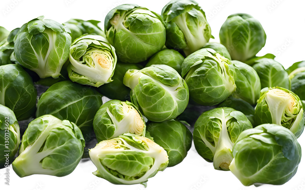 Poster a pile of brussels sprouts with green leaves, isolated on a empty plain background