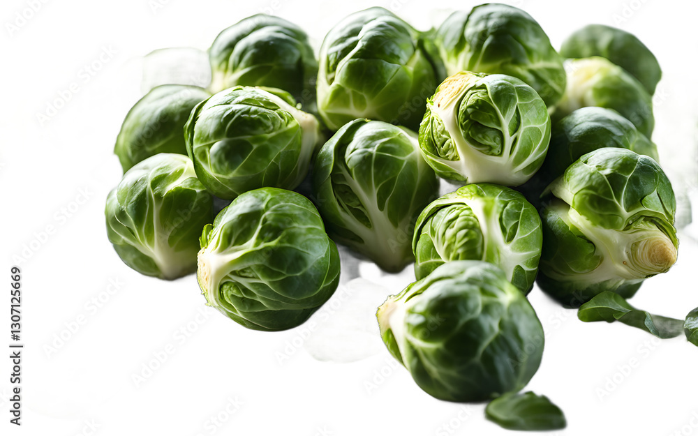 Poster a pile of brussels sprouts with green leaves, isolated on a empty plain background