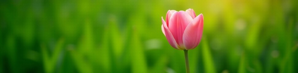Fototapeta premium Single pink tulip flower in full bloom against lush green backdrop, beautiful blooms, fresh