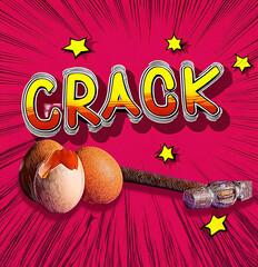 A lively comic-style illustration features the word "CRACK" alongside three eggs, one with a cracked shell. The metal hammer is lying next to the eggs.