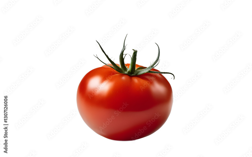 Poster a ripe tomato with red skin and a small green stem, isolated on a empty plain background