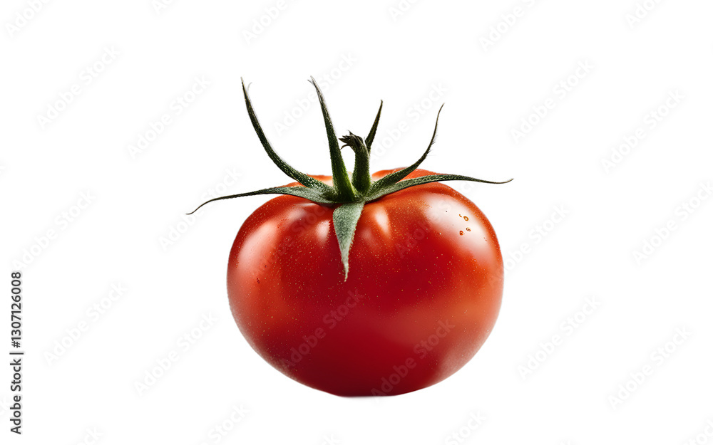 Poster a ripe tomato with red skin and a small green stem, isolated on a empty plain background