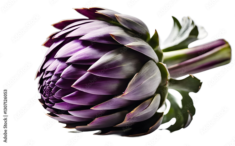 Poster a single artichoke heart with purple leaves, isolated on a empty plain background