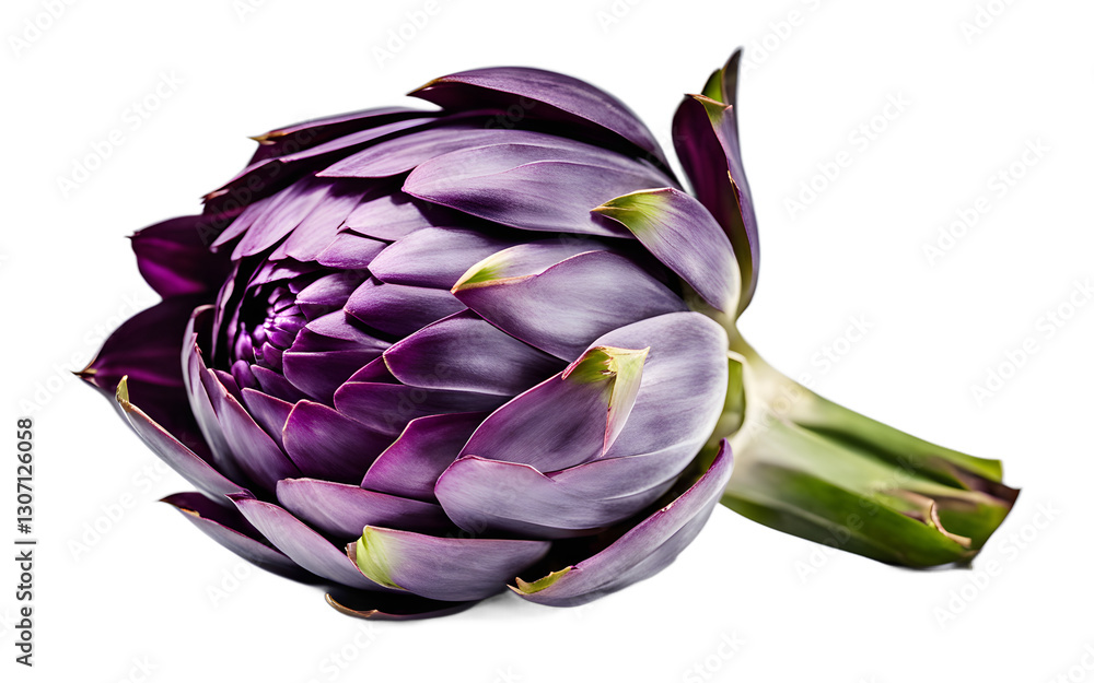 Poster a single artichoke heart with purple leaves, isolated on a empty plain background