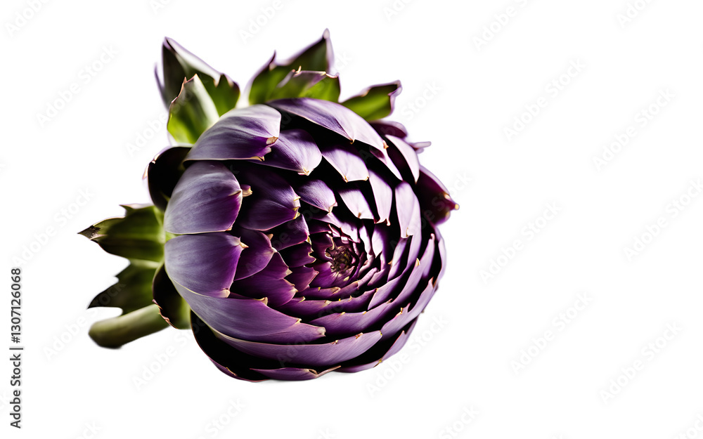 Poster a single artichoke heart with purple leaves, isolated on a empty plain background