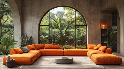Modern Living Room with Orange Sofa and Arched Window