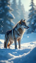 Naklejka premium Majestic lone wolf, still amidst swirling snow , grey, winter