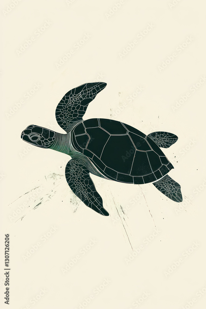 Poster minimalistic illustration of turtle swimming gracefully in light background. design features intrica