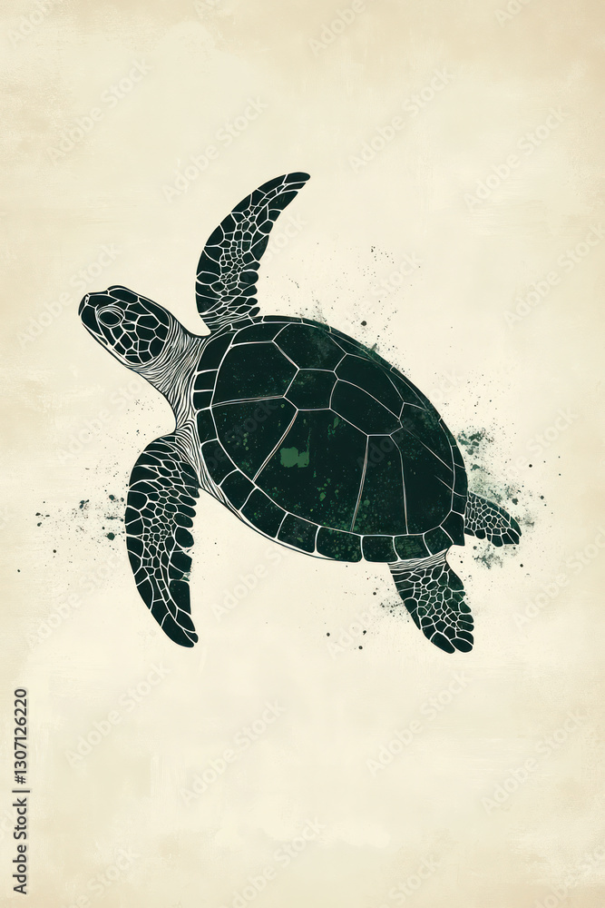 Poster minimalistic illustration of turtle with dark green color palette, featuring intricate line work and